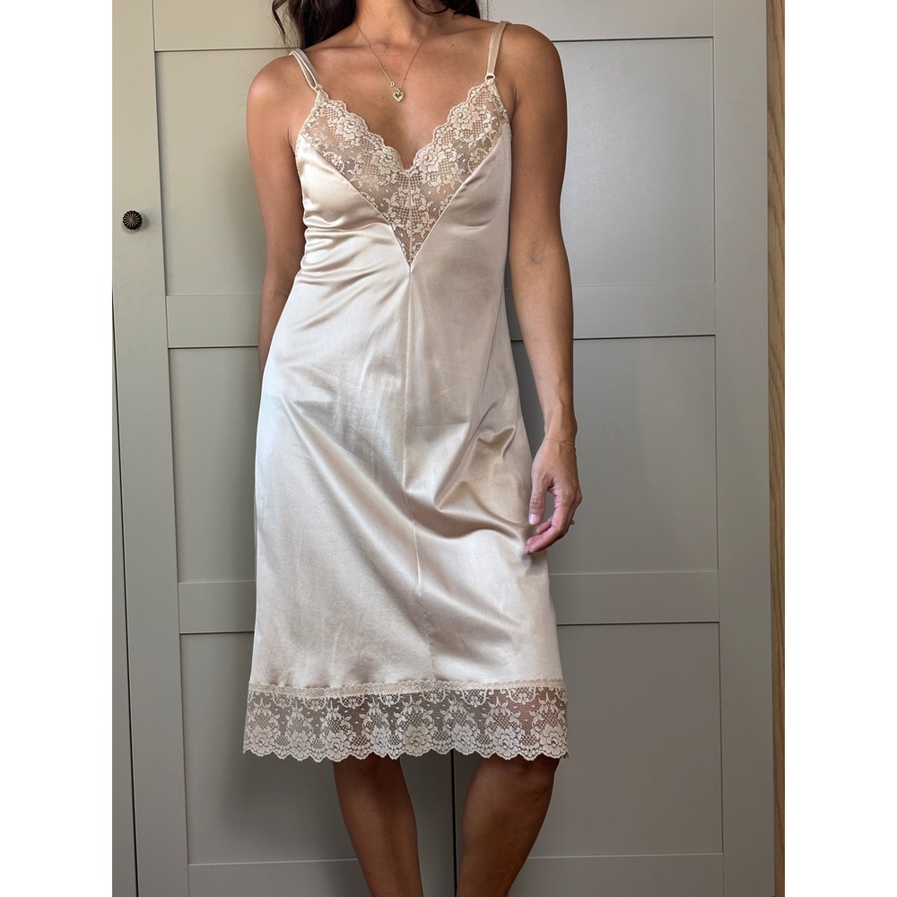 Vintage Champagne Satin Lace Trim Full Slip Dress Adjustable Straps Beige